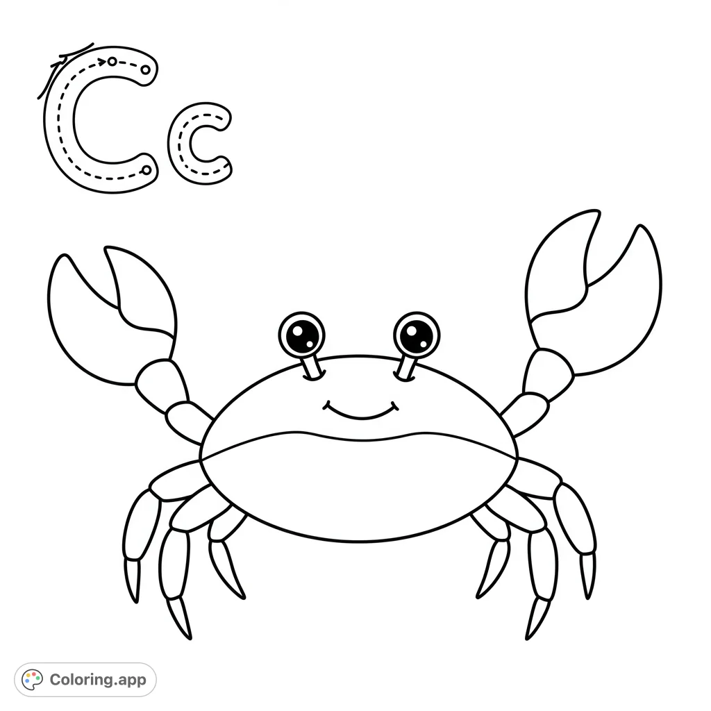 A cheerful crab and the letter Cc for tracing. A fun, free printable alphabet crab coloring page, perfect for kids learning their ABCs and sea animals.