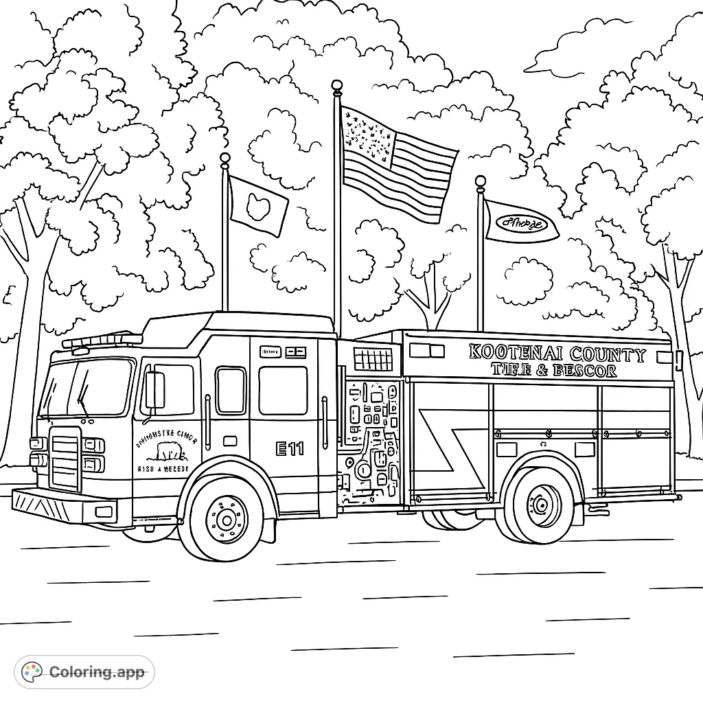A detailed fire truck coloring page featuring a classic engine, patriotic flags, and lush trees, perfect for community heroes and vehicle enthusiasts.