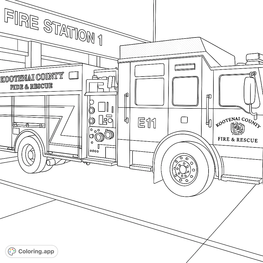 A detailed fire truck ready for action at the fire station. This free printable fire truck coloring page is perfect for kids and adults.