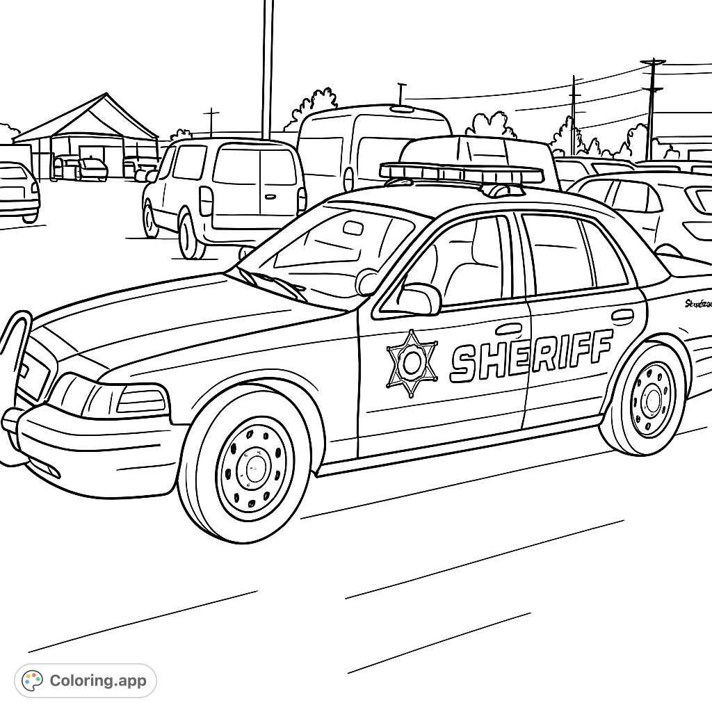 Detailed sheriff patrol car coloring page, featuring a light bar and official markings, set in a busy vehicle depot. Perfect for all ages!