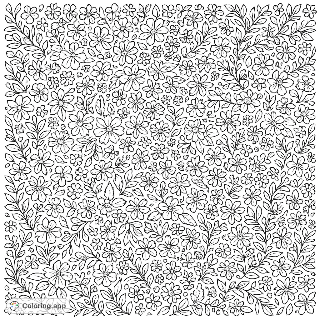 An intricate floral pattern coloring page featuring a dense tapestry of diverse flowers and leaves, perfect for a relaxing and detailed coloring experience.