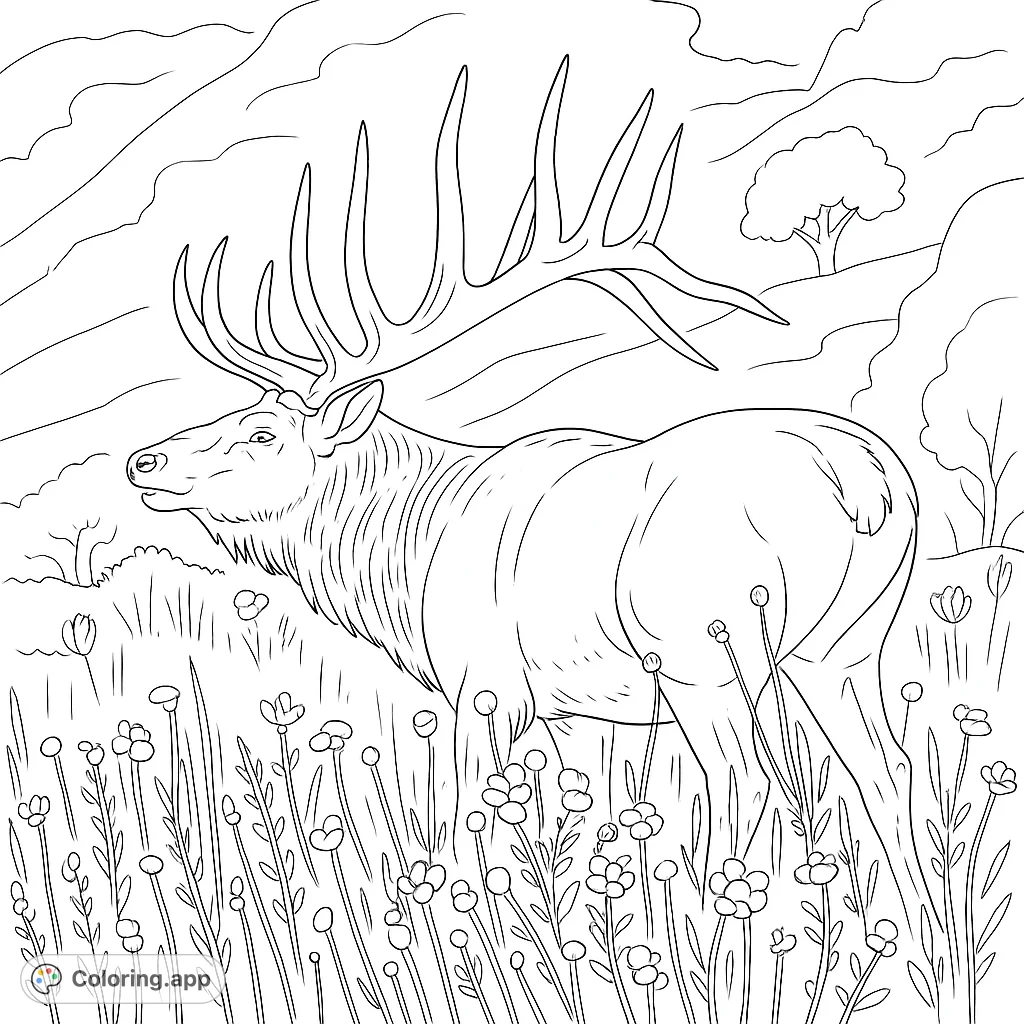 A majestic elk with grand antlers stands in a field of wildflowers, set against rolling hills. A beautiful nature scene for coloring.