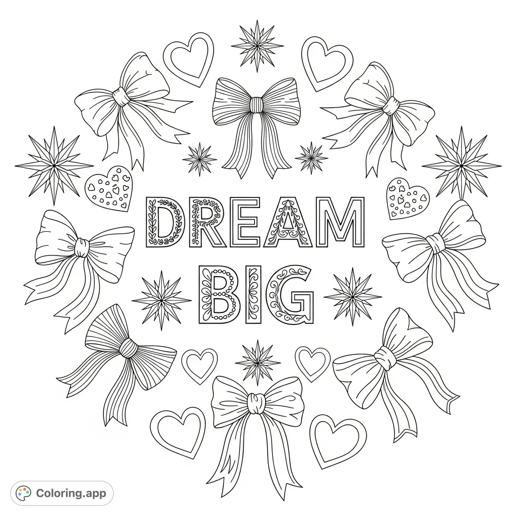 An inspiring "Dream Big" quote coloring page, surrounded by elegant bows, twinkling stars, and delicate hearts. Perfect for adults and teens.