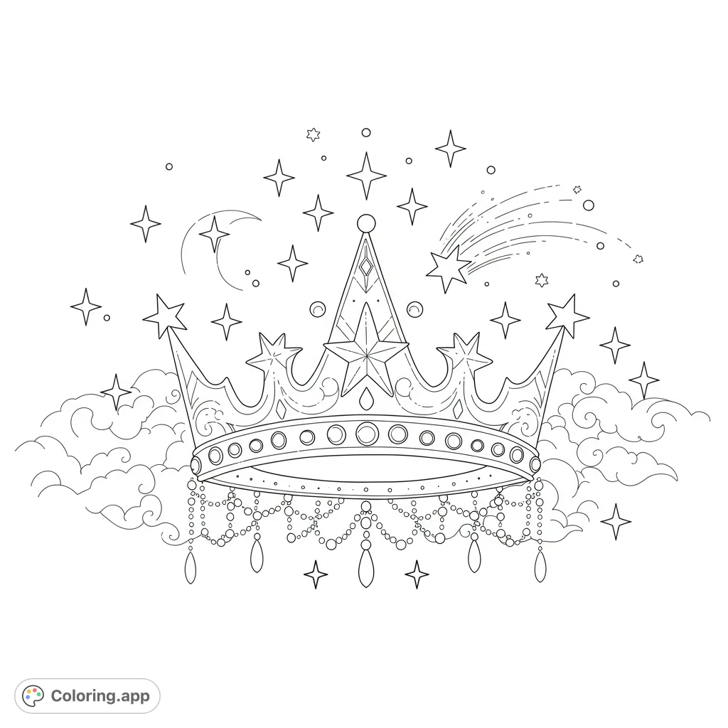 Color a magical crown surrounded by twinkling stars, fluffy clouds, and sparkling jewels. A majestic fantasy scene for all ages.