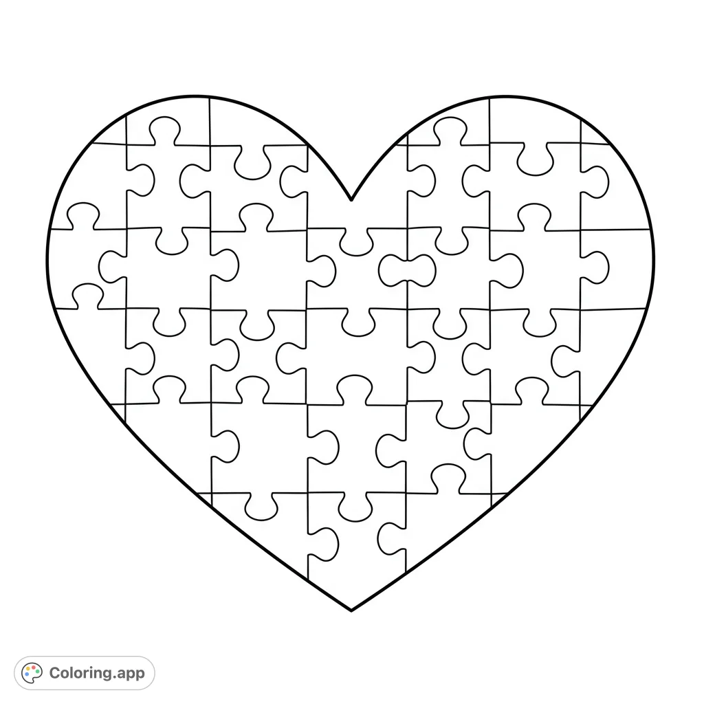 A charming heart-shaped puzzle coloring page, perfect for expressing love and connection. Features interlocking pieces for a fun, engaging coloring experience.