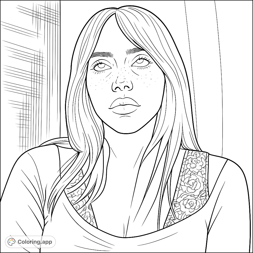 Captivating portrait of a young woman with long flowing hair and delicate freckles, featuring a unique floral strap. A free printable portrait coloring page for all ages.