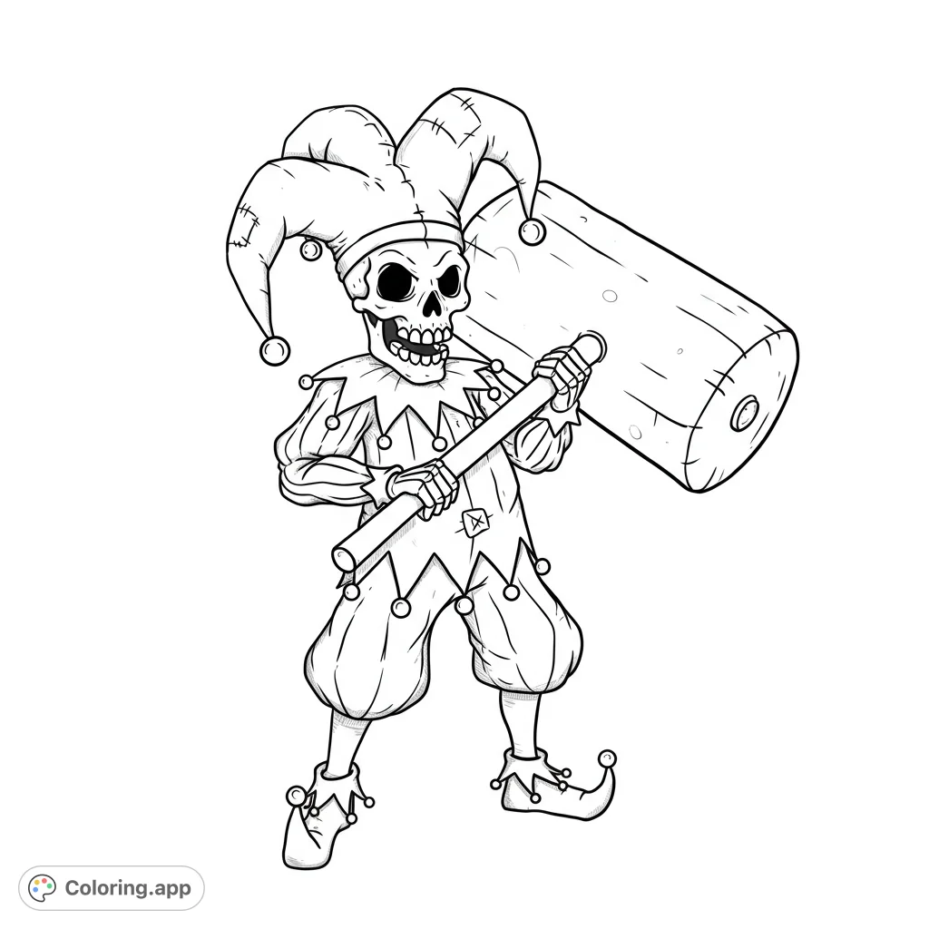 A whimsical skeleton jester in full costume, holding a large wooden mallet. A fun, spooky, and detailed free printable coloring page.
