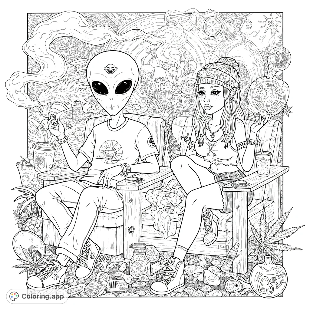 A trippy alien and human-like friend relax in a detailed, psychedelic scene filled with unique objects and intricate patterns. A free printable coloring page.