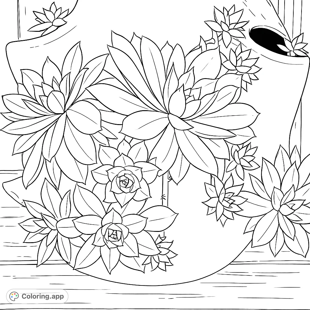 A beautiful succulent garden coloring page featuring various rosette plants and pots, perfect for nature lovers. Free printable coloring page for all ages.