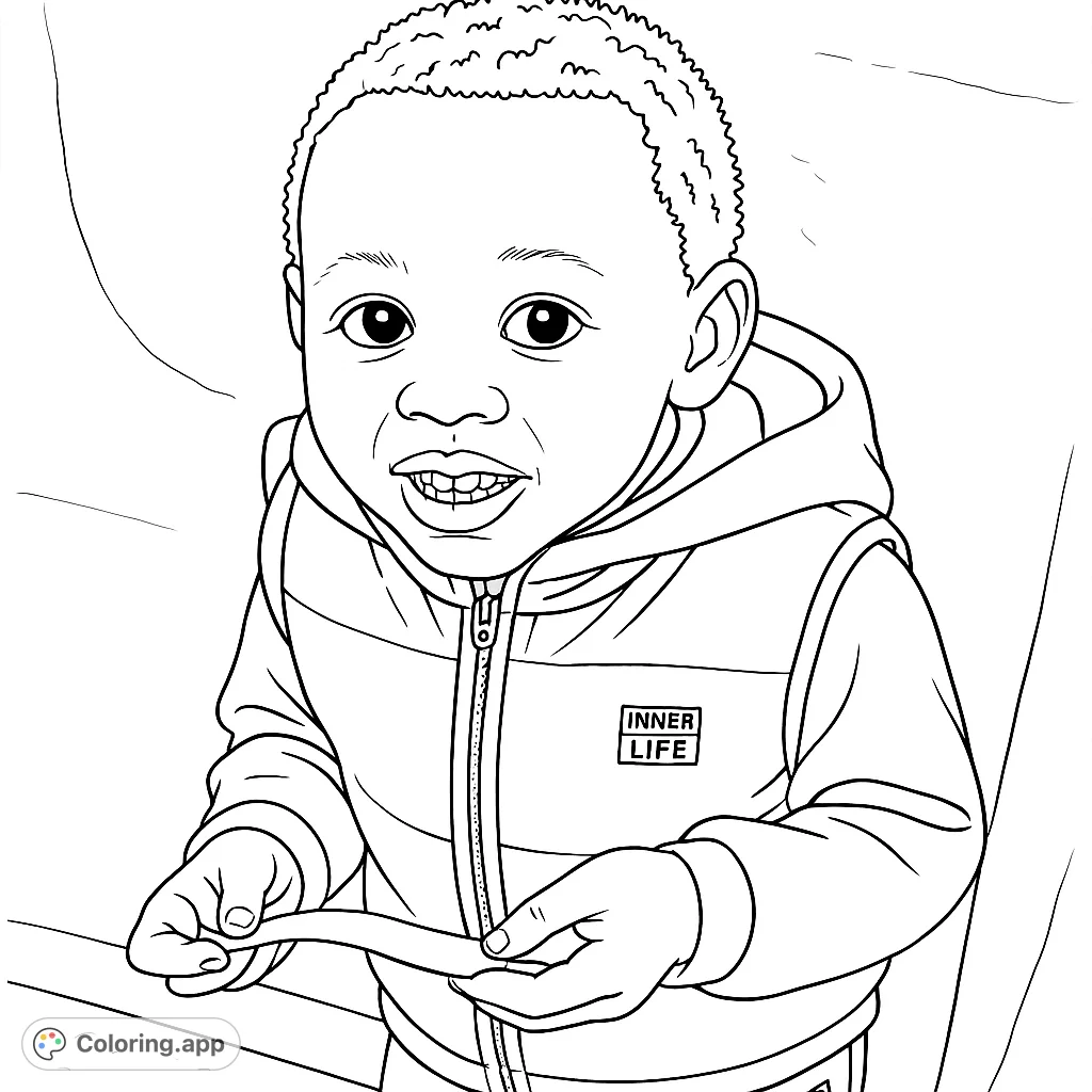 A delightful black and white line drawing of a smiling toddler in a hooded vest, perfect for a free printable kids coloring page.