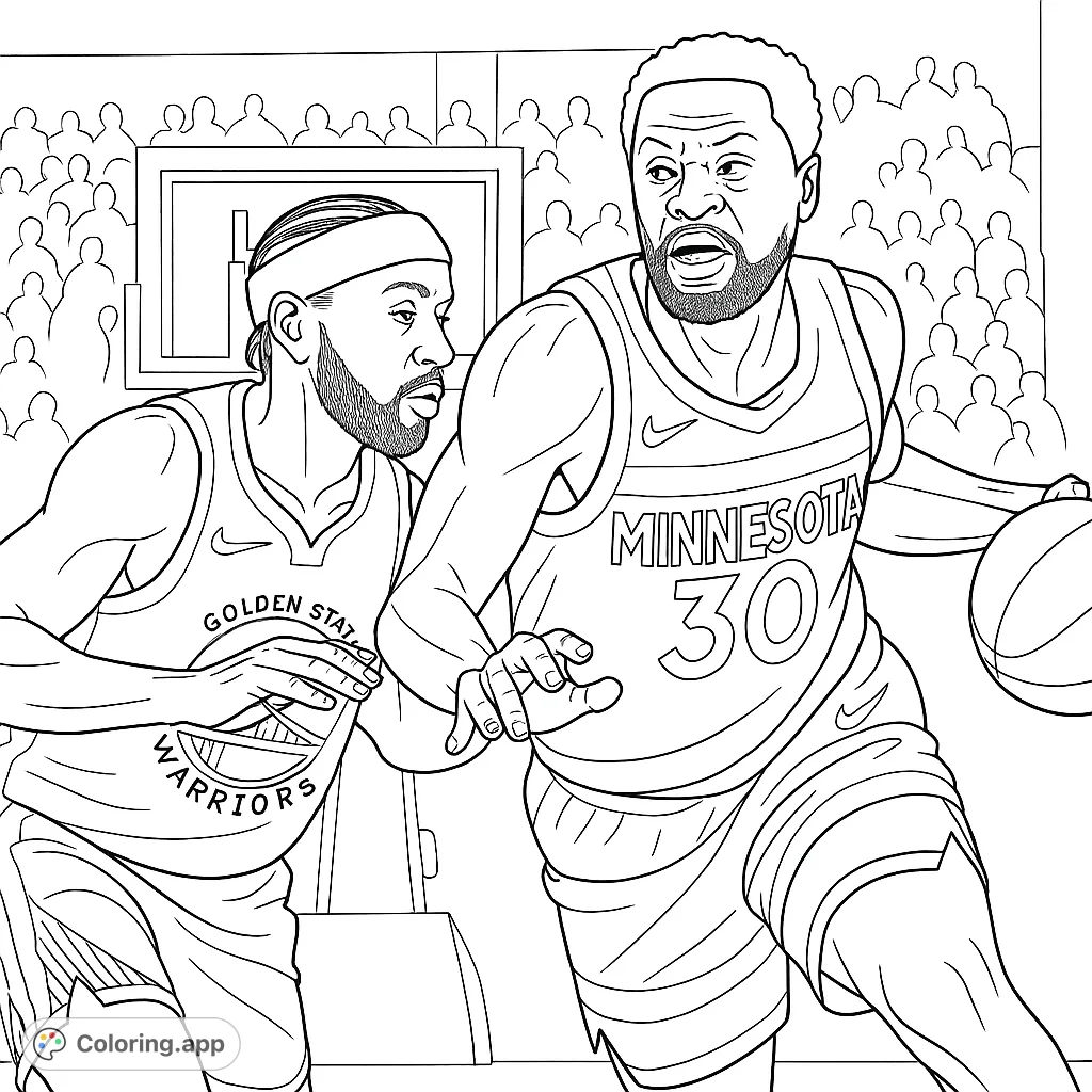 Dynamic basketball coloring page featuring two players in intense action on the court, perfect for sports fans and enthusiasts.