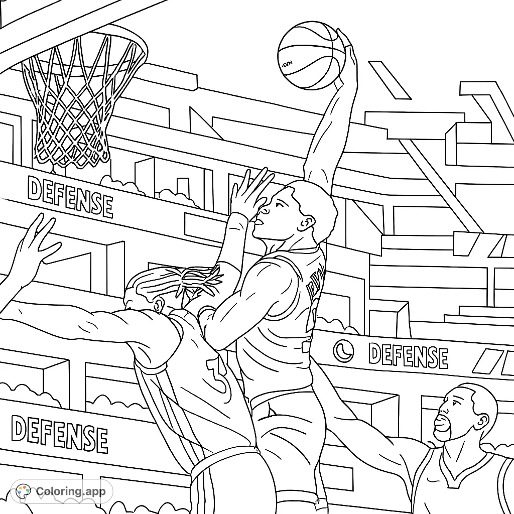 Dynamic basketball action coloring page featuring players mid-dunk, a defender, and a hoop. Perfect for sports fans and all ages!