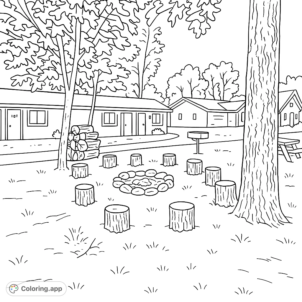 A cozy campsite coloring page featuring a fire pit, log seating, and rustic cabins. Perfect for nature lovers and outdoor enthusiasts!