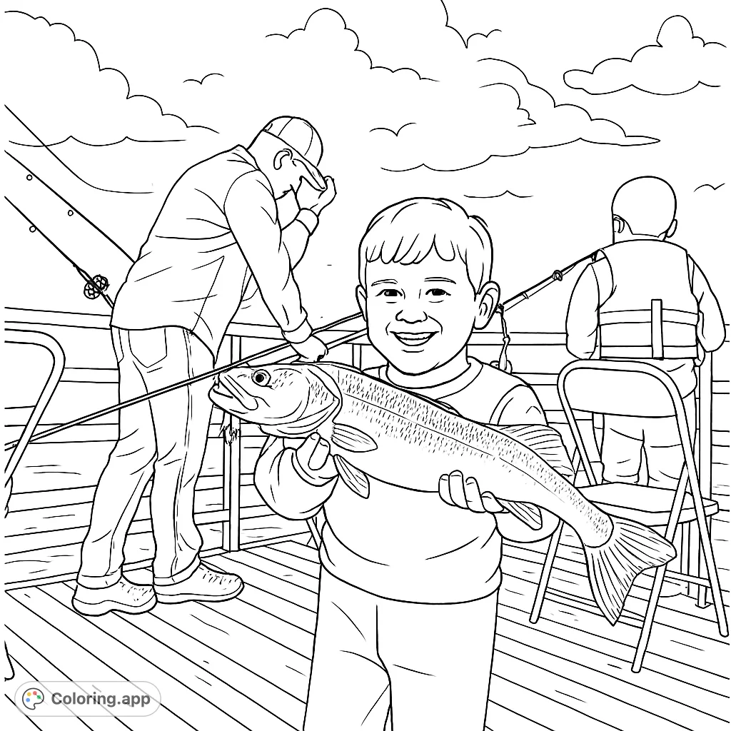 A happy boy shows off his big fish catch on the dock! A fun coloring page for kids who love fishing and the outdoors.
