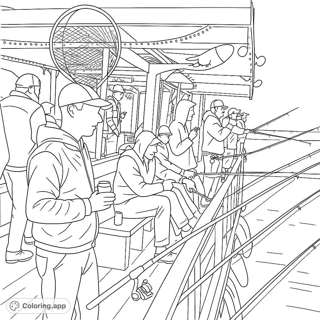 Detailed coloring page of people fishing at night on a boat. A fun and engaging activity for adults and older children who love fishing.