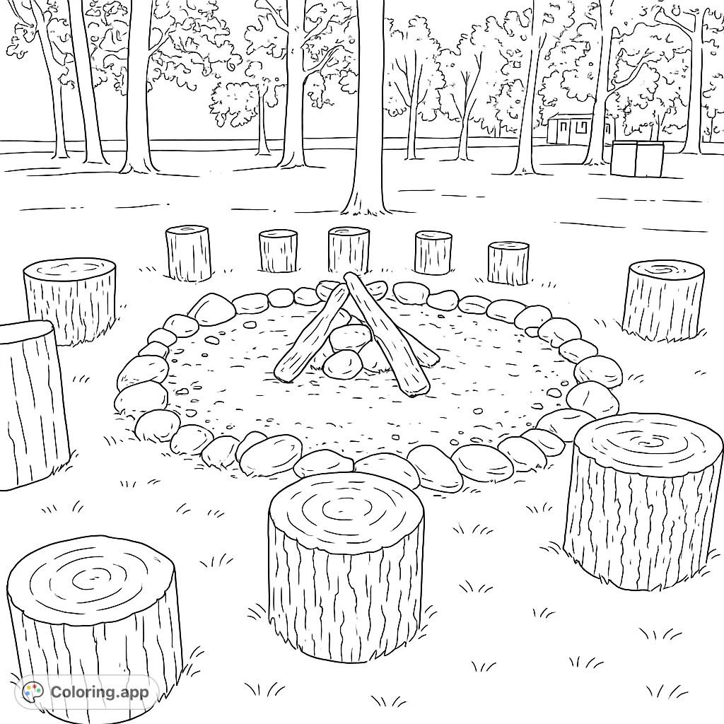 Get cozy with this campfire coloring page! Features a fire pit, logs, rocks, and tree stump seats.
