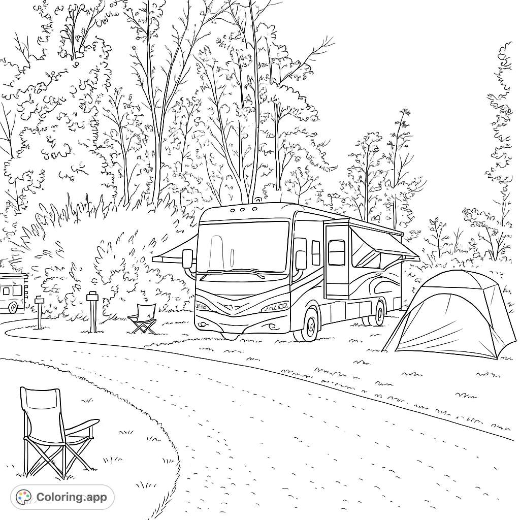 Get ready to color this RV campsite scene! This detailed coloring page features a recreational vehicle, tent, trees, and camping gear.