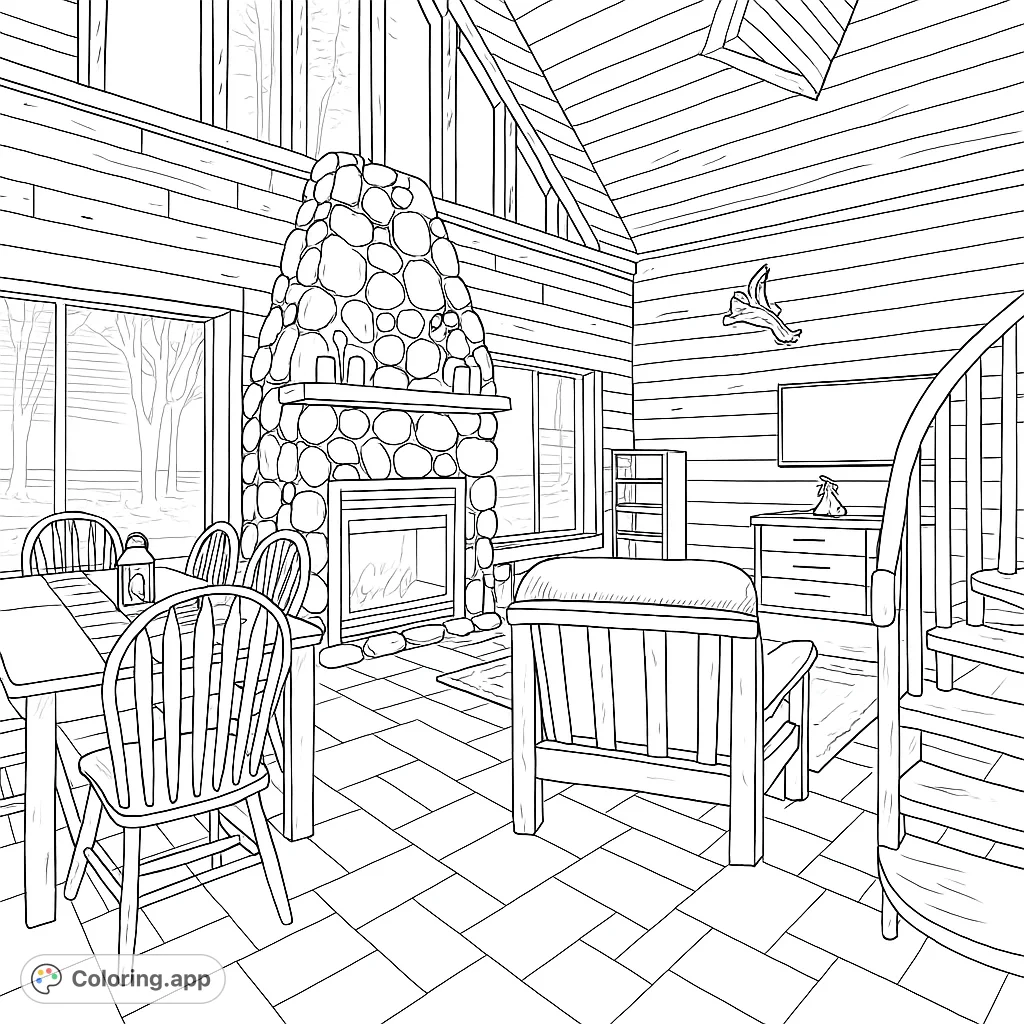 Immerse yourself in a cozy cabin interior coloring page featuring a stone fireplace, dining area, and rustic charm. A free printable coloring page for all ages.