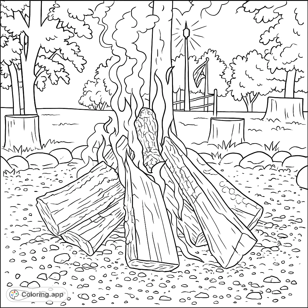 A detailed campfire scene with burning logs, smoke, surrounding trees, and a distant flag, perfect for a relaxing outdoor coloring experience.