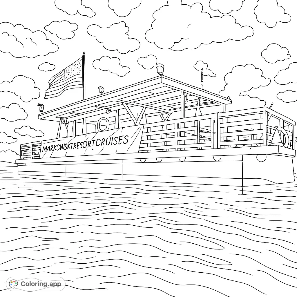 A serene pontoon boat floats on wavy water under a cloudy sky. Perfect for a relaxing boat coloring page, free printable, and summer fun.