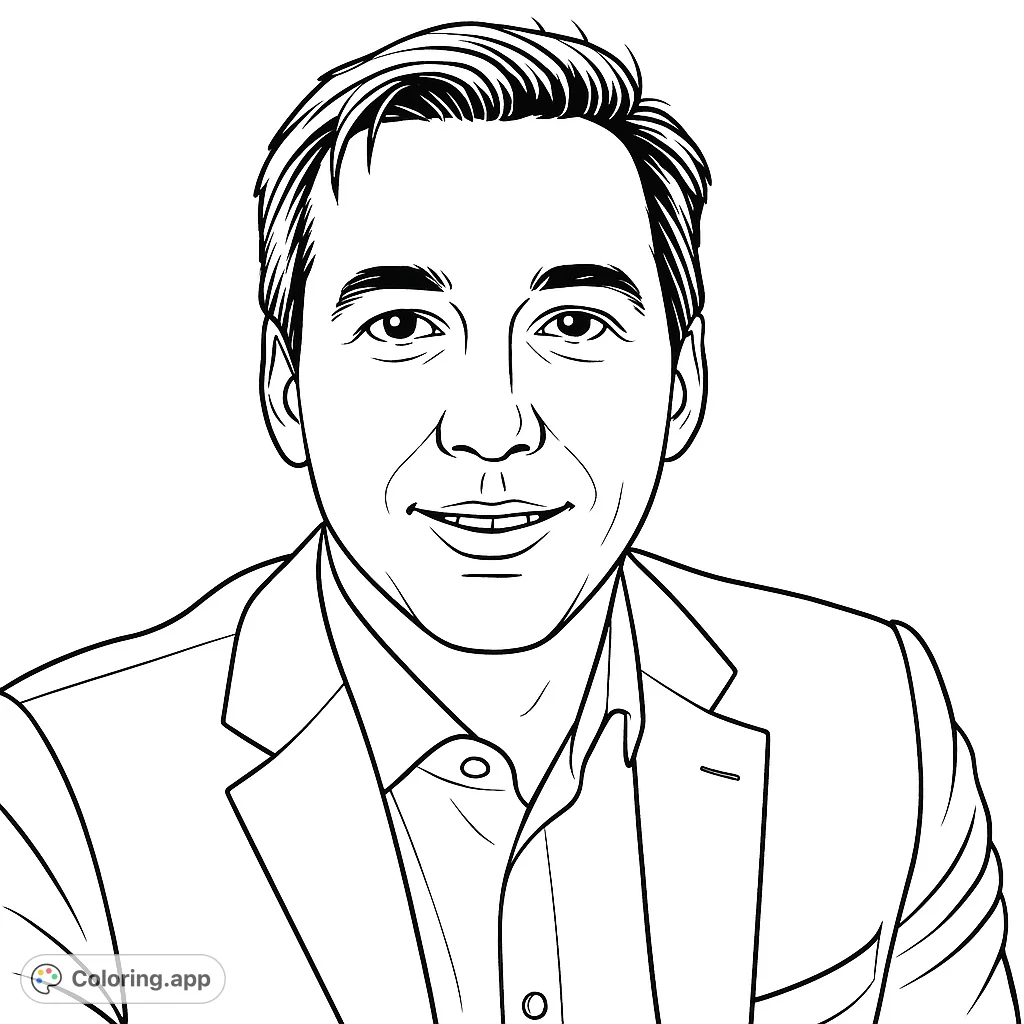 A detailed black and white line drawing of a smiling man in a suit, perfect for a professional portrait coloring page. Free printable for all ages.