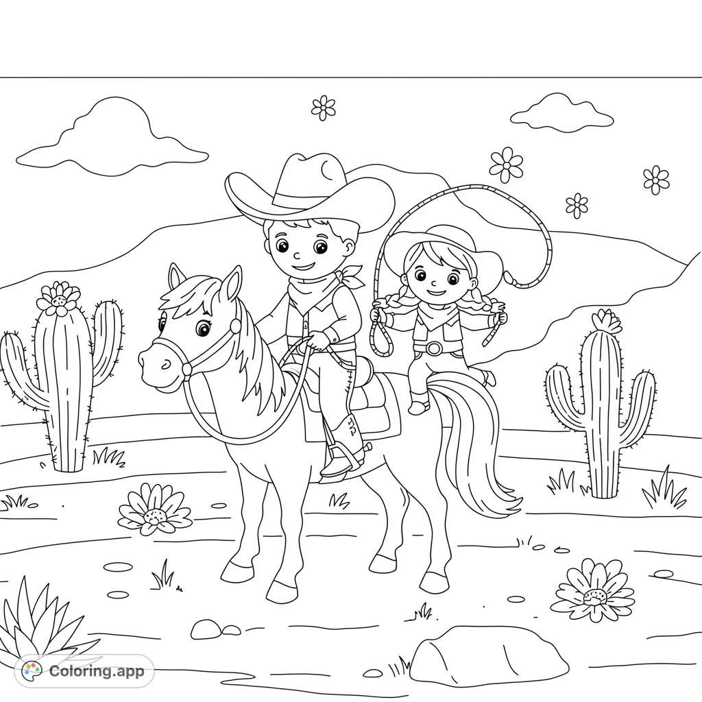 Join a cowboy boy and cowgirl girl on a horseback adventure through the desert, complete with cacti and rolling hills. A fun, free printable western coloring page!