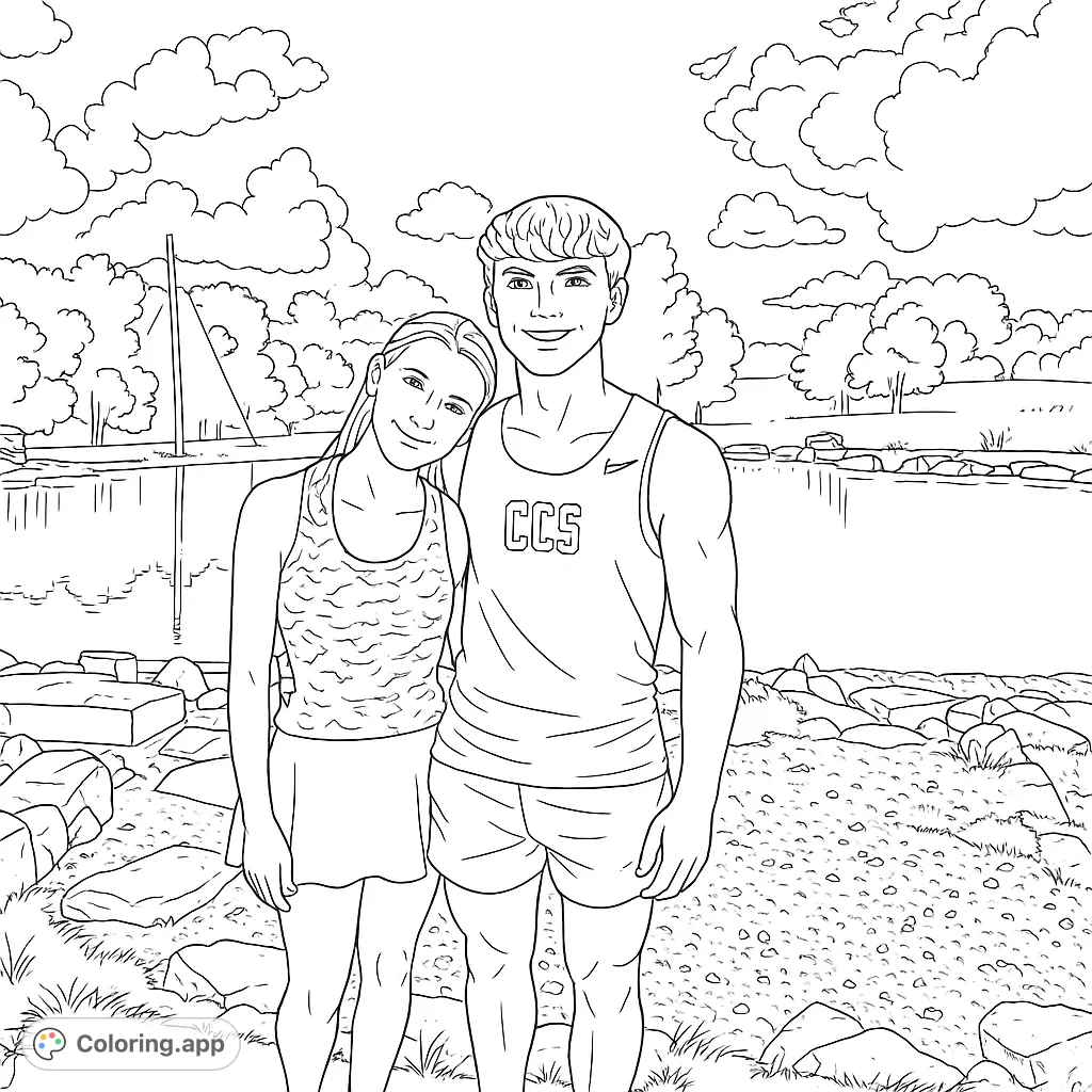 A heartwarming lakeside scene featuring a smiling young couple, a sailboat, and a serene natural background. Perfect for a relaxing coloring experience.