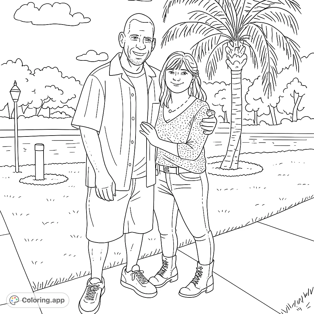 A heartwarming free printable couple's park stroll coloring page, perfect for celebrating love and connection. Features a smiling duo in a serene outdoor setting.