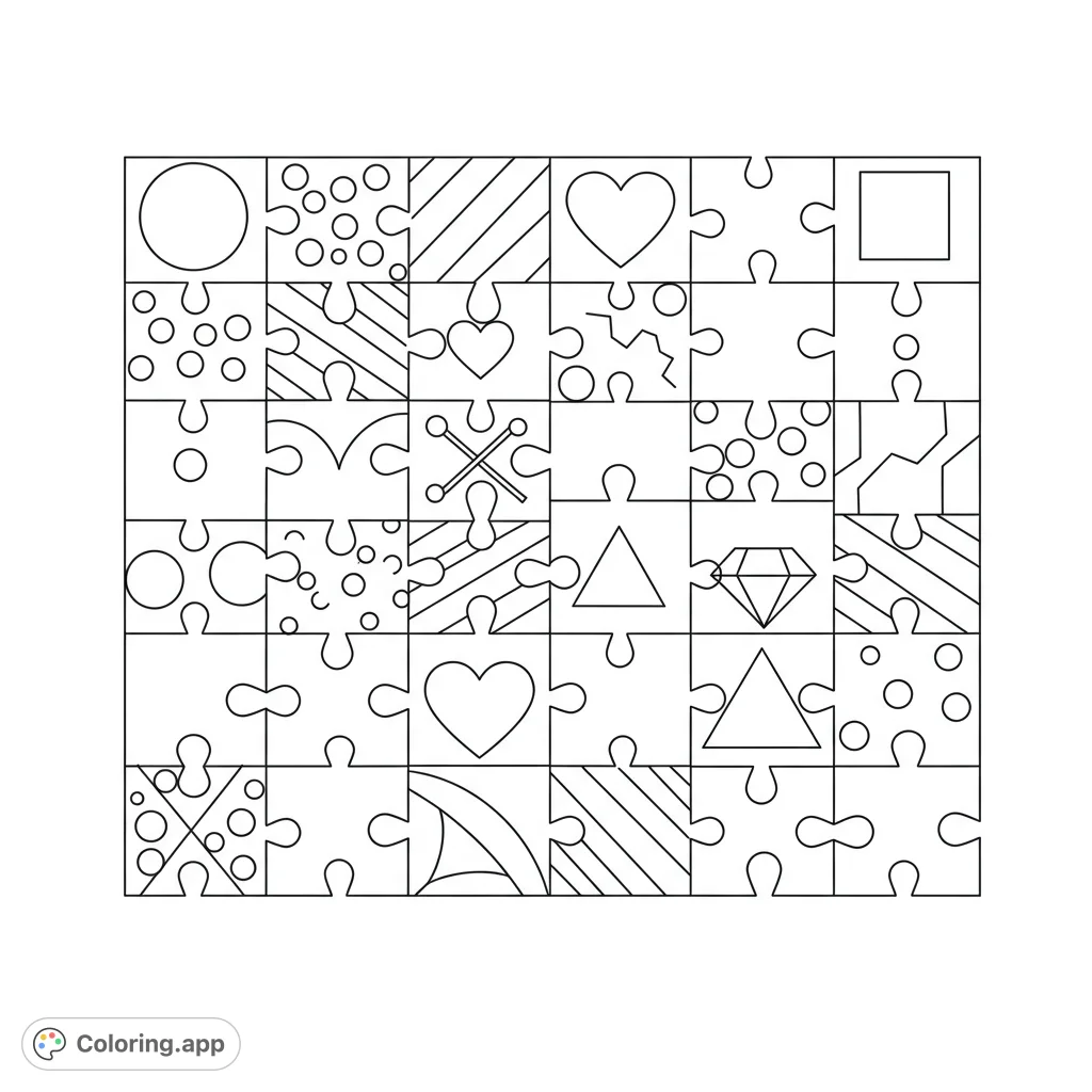 A captivating geometric puzzle piece coloring page featuring 36 unique patterns and shapes, perfect for all ages. Free printable coloring page for creative fun!