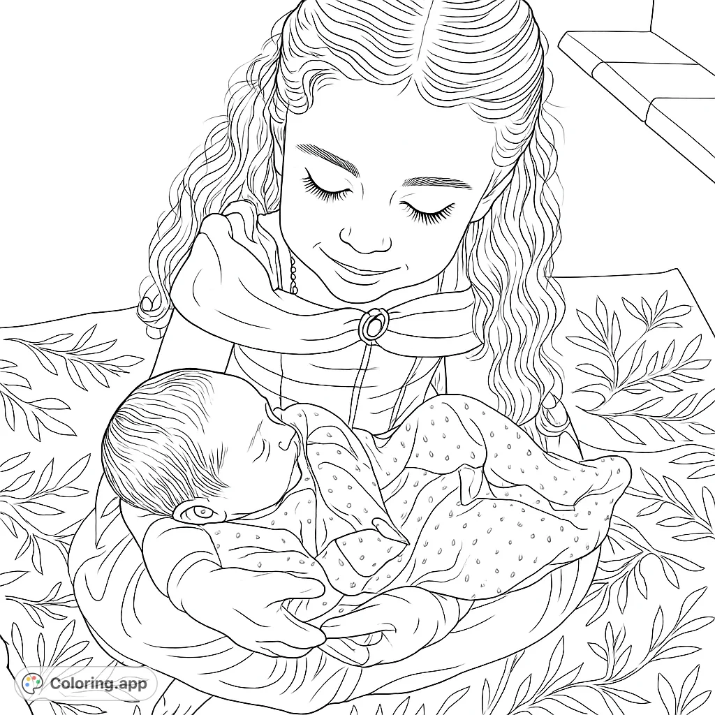 A heartwarming family love coloring page featuring a big sister gently cradling her newborn sibling, perfect for celebrating new arrivals and family bonds.