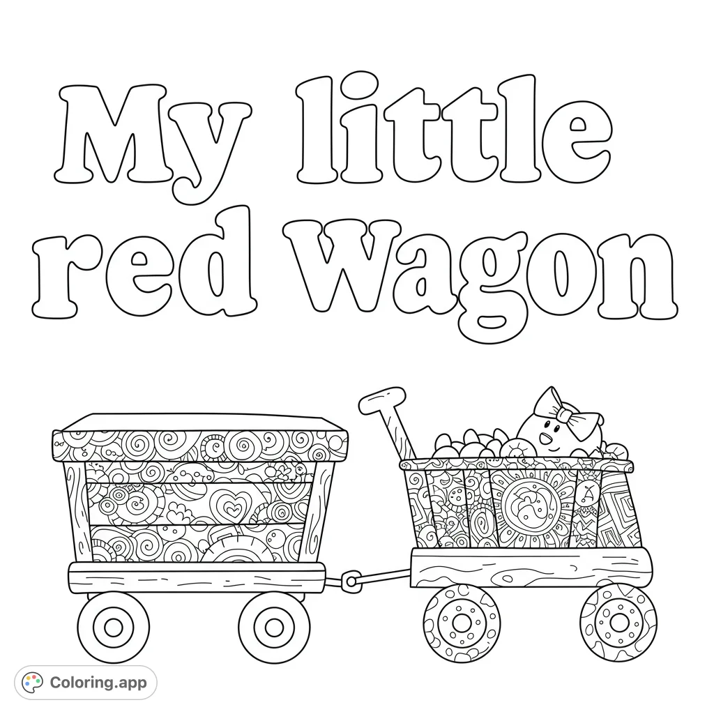 Delightful patterned wagons, one filled with a cute character and small objects, offer intricate details for a fun and engaging coloring experience.