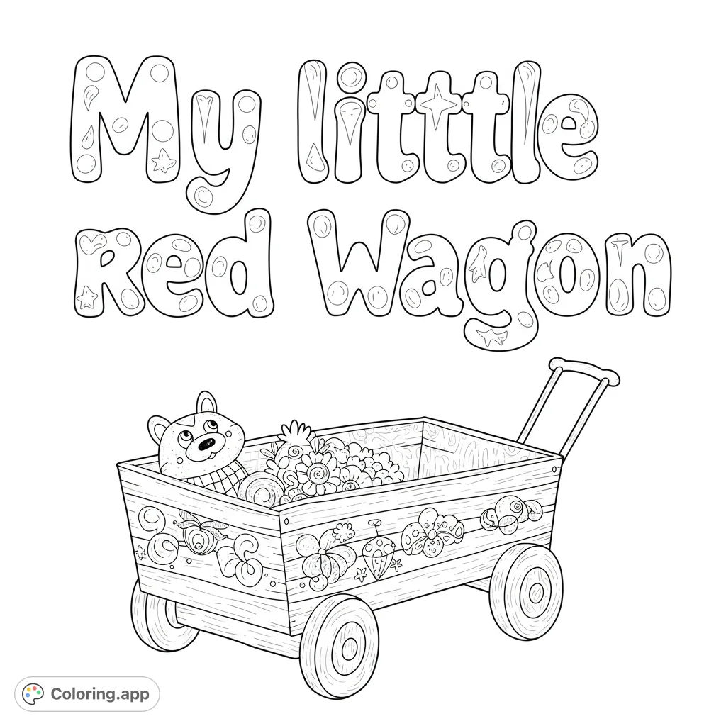 A delightful toy wagon overflowing with playful items and a cute stuffed animal, perfect for a fun, imaginative coloring experience.