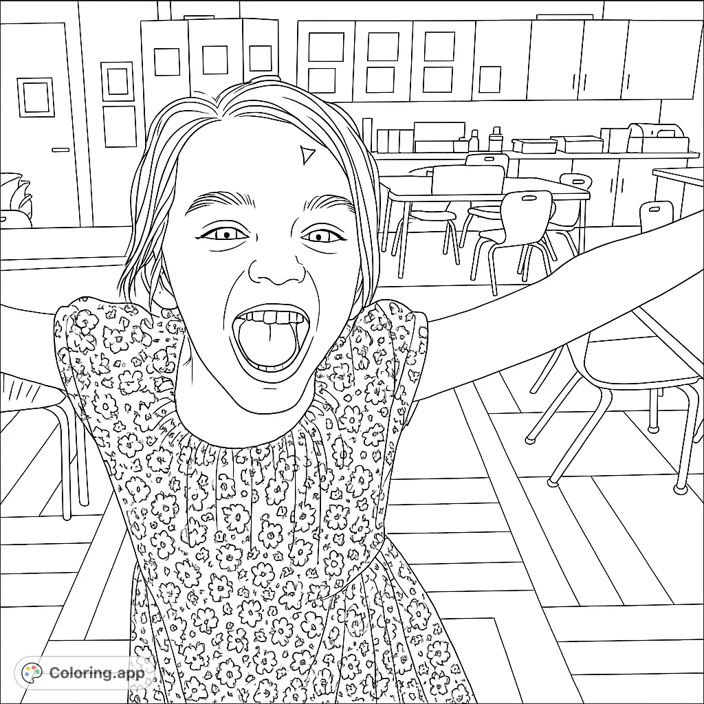 A joyful girl with outstretched arms in a classroom, featuring a detailed floral dress and a background of desks and cabinets. Perfect for kids!