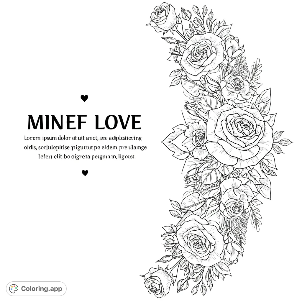 An elegant rose floral cascade coloring page featuring detailed blooms and foliage, perfect for relaxation and creative expression.
