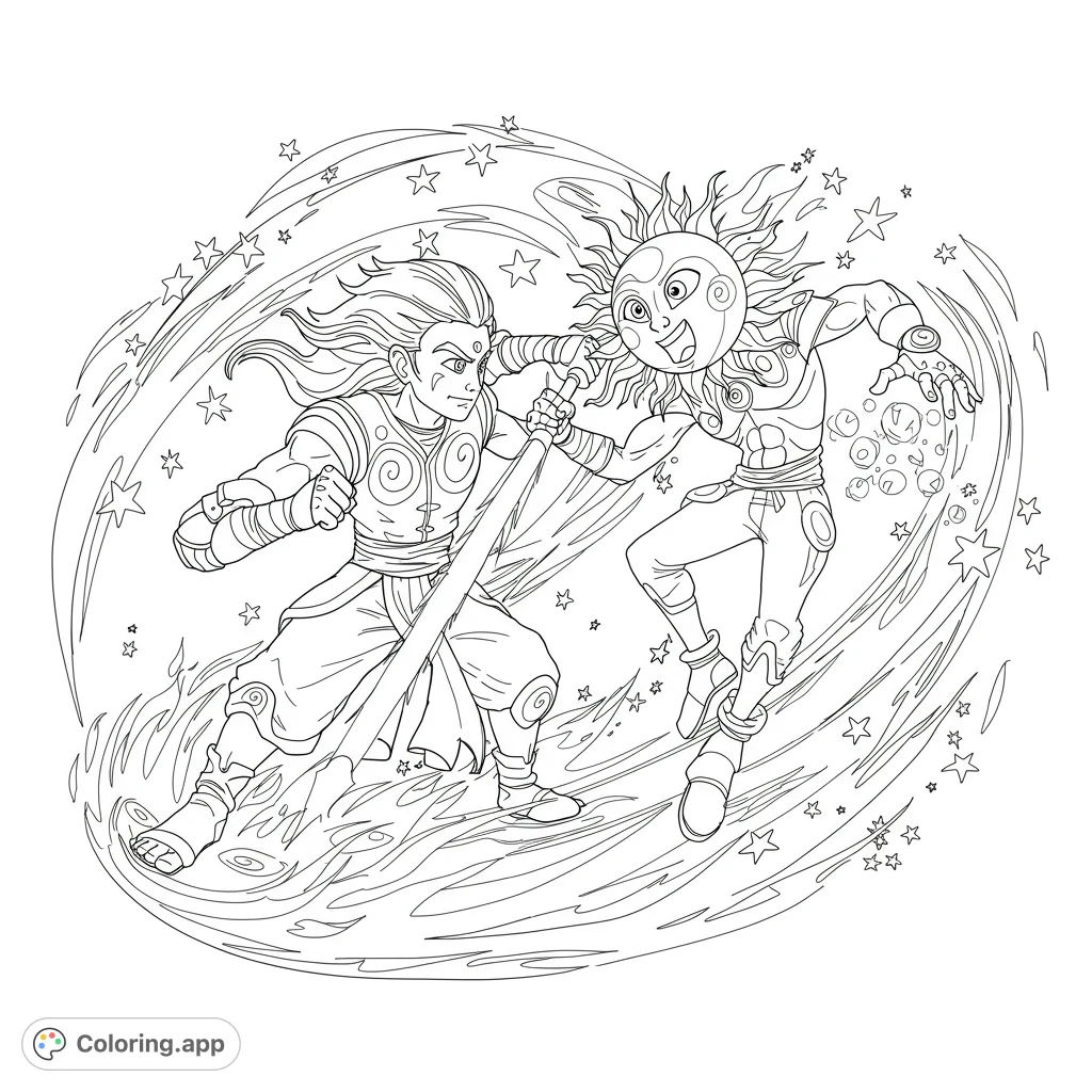 Dynamic celestial warrior clash coloring page. Features a sun-faced character battling a staff-wielding hero amidst swirling stars and energy.