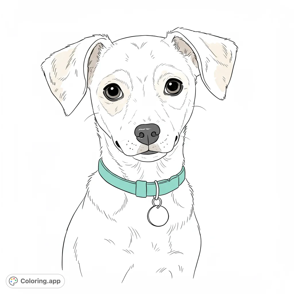 A charming dog coloring page featuring a friendly canine with expressive eyes and a collar, perfect for pet lovers of all ages.