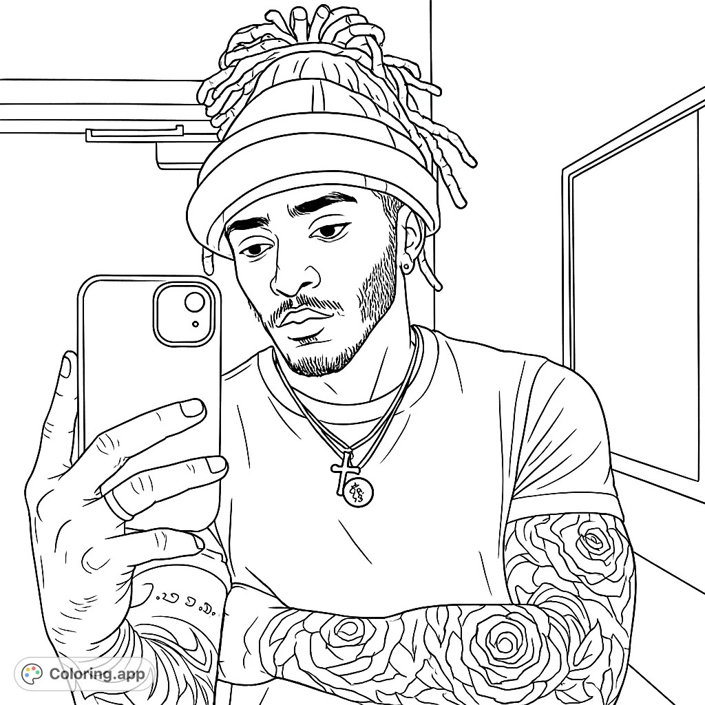 Cool guy with dreads and tattoos taking a selfie. Detailed line art for a modern coloring experience, perfect for teens and adults.