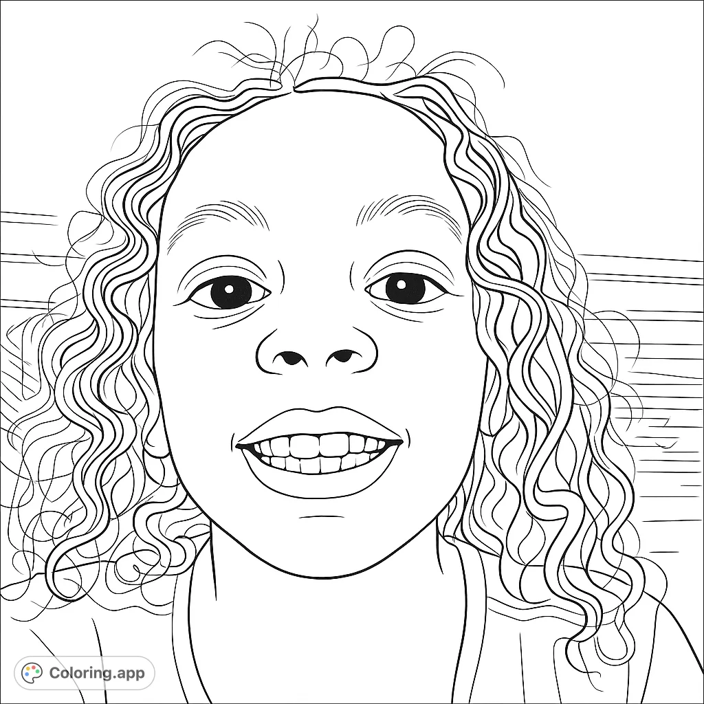 A delightful free printable child portrait coloring page featuring a smiling face with beautiful curly hair, perfect for kids and adults to personalize.