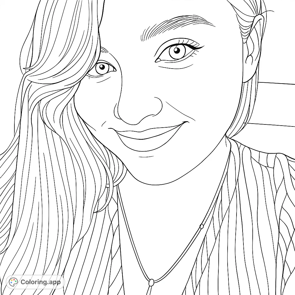 A captivating portrait of a smiling woman with flowing hair and a striped top. A free printable portrait coloring page for all ages.