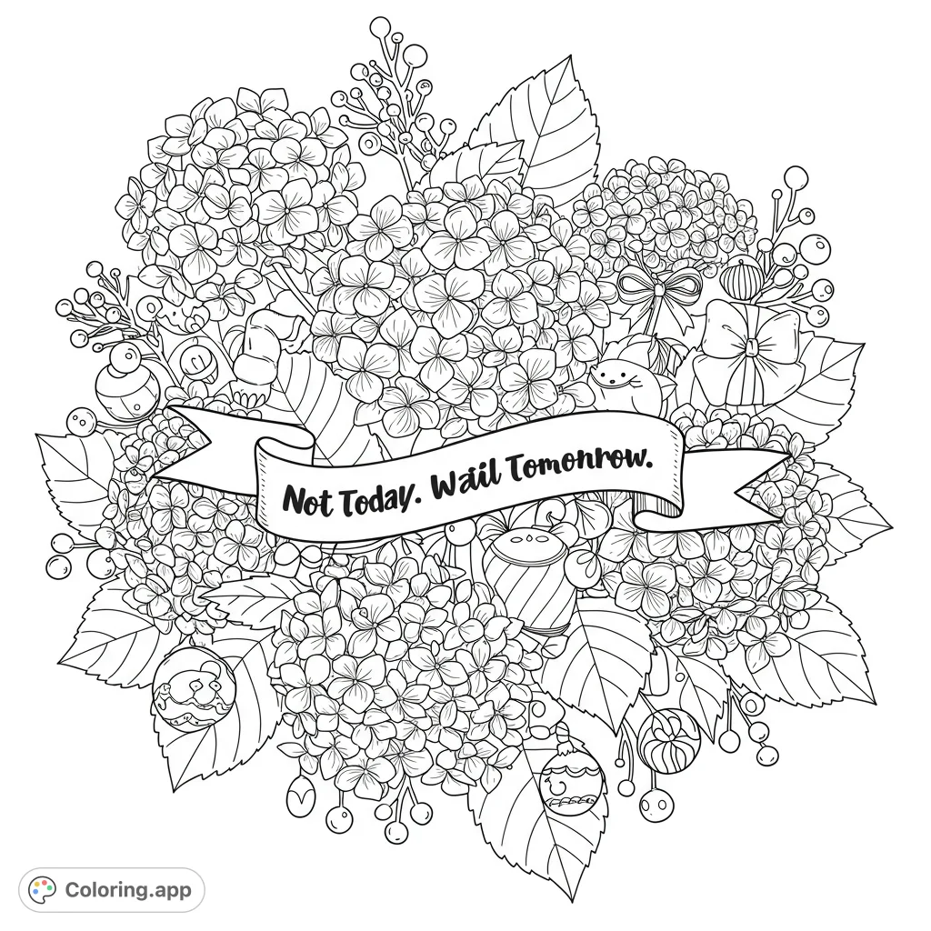 An intricate floral hydrangea wreath coloring page, perfect for relaxation. Features detailed blooms, leaves, berries, and charming decorative elements.