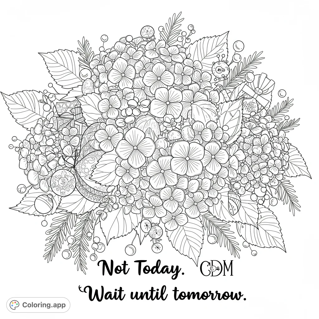 An intricate floral bouquet coloring page featuring dense hydrangeas, delicate leaves, berries, and festive ornaments. Perfect for detailed coloring.