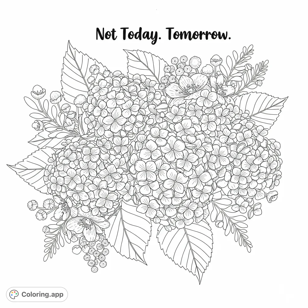 An intricate hydrangea coloring page featuring a dense bloom with detailed petals, surrounded by leaves and delicate floral accents. Perfect for nature lovers.