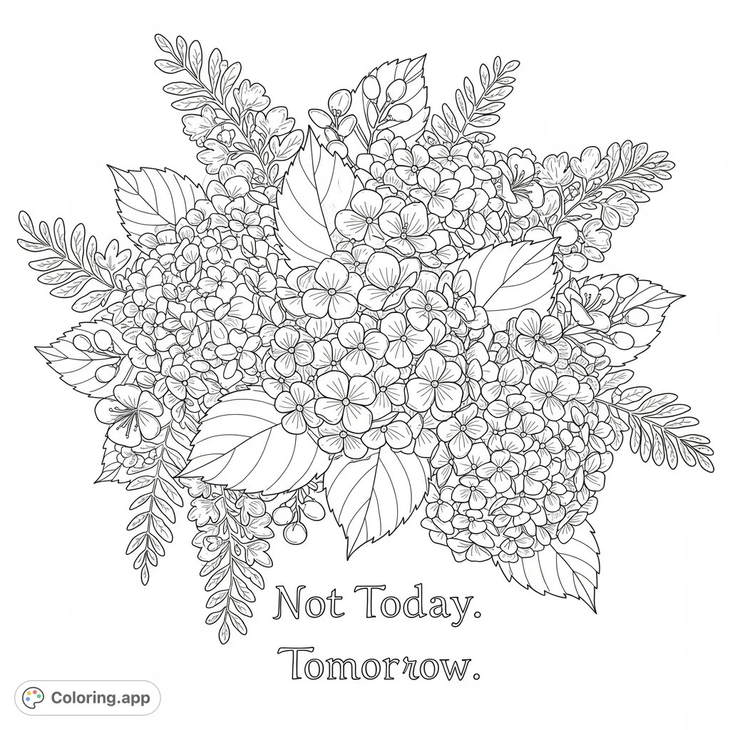 A beautiful hydrangea floral bouquet coloring page, perfect for nature lovers. Enjoy this free printable coloring page for relaxation and creativity.