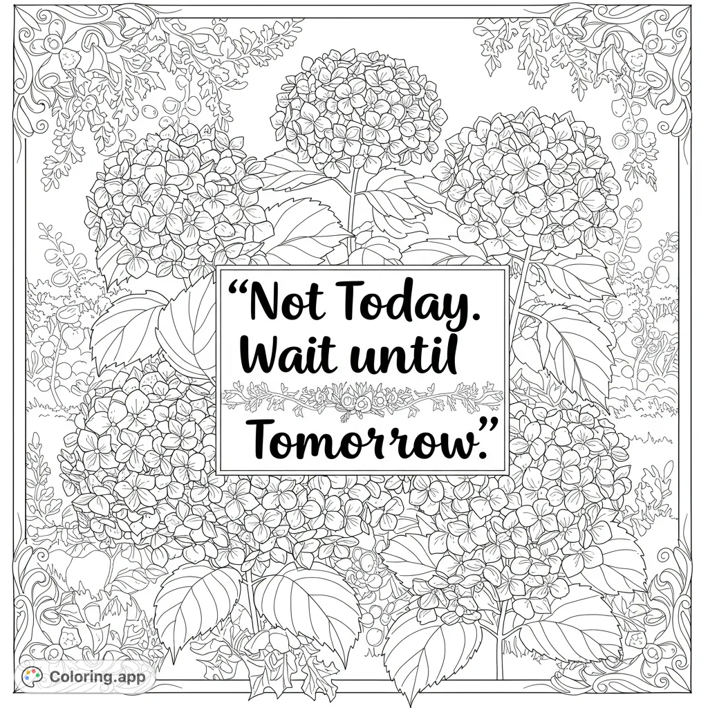 A beautiful hydrangea garden coloring page with intricate blossoms and a decorative border, perfect for relaxation and creative expression.