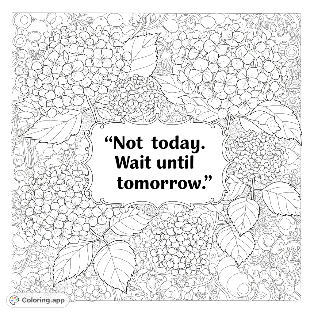An intricate floral coloring page featuring detailed hydrangeas and an ornate central frame, perfect for relaxation and creative expression.