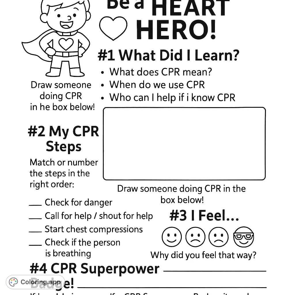 A fun, educational heart hero coloring page featuring a superhero child, heart emblem, and interactive spaces for drawing and expressing feelings.