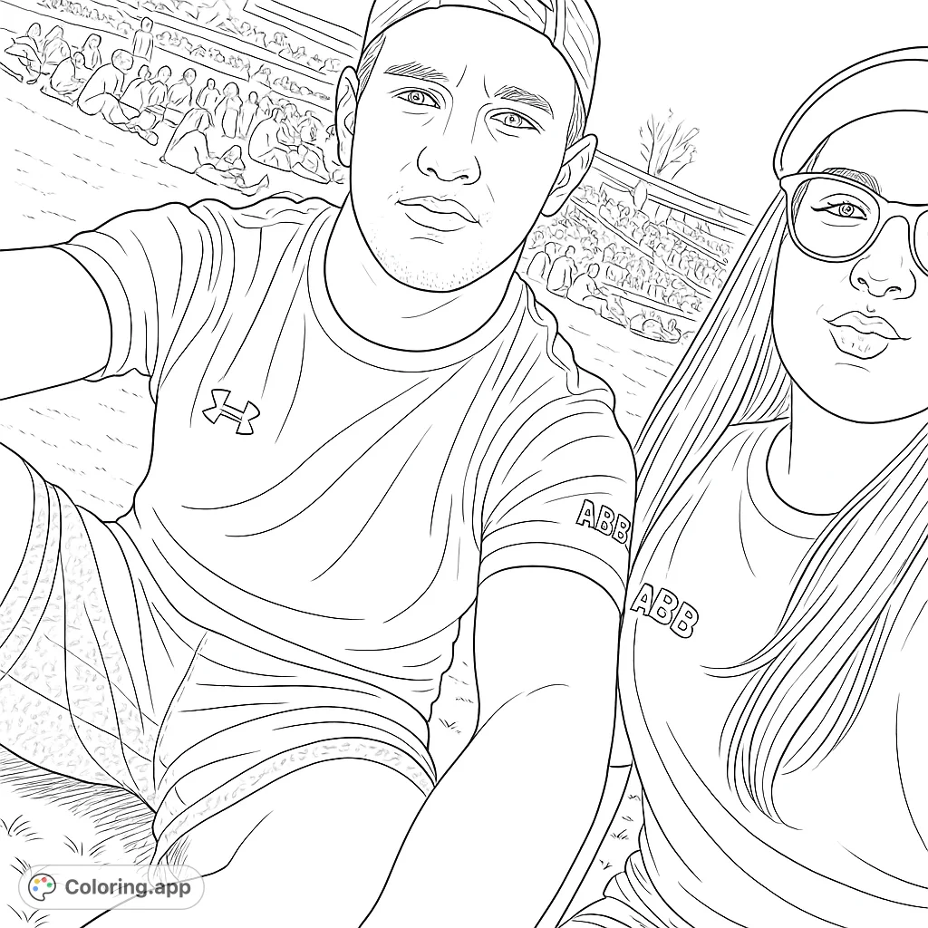 Capture a fun outdoor event selfie with two friends. This free printable coloring page features detailed portraits and a lively crowd background.