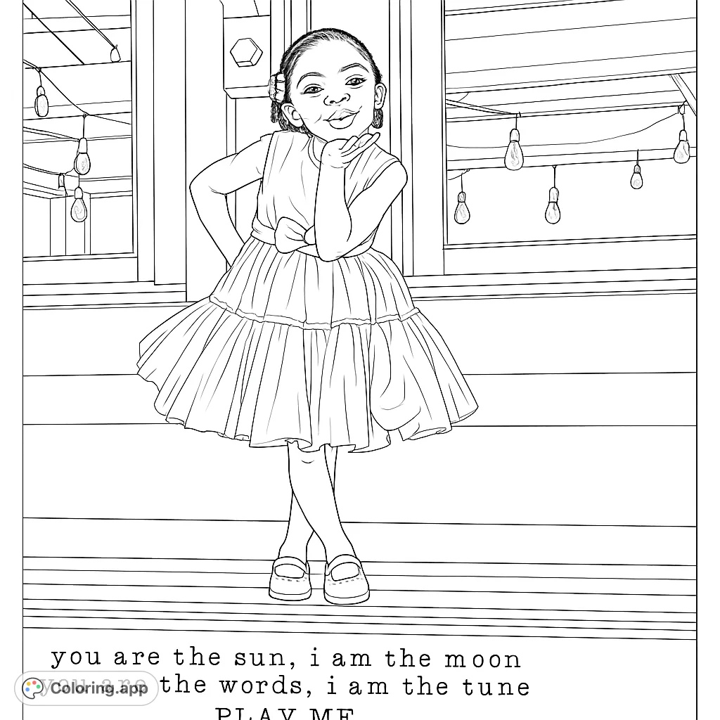 A charming girl in a tiered dress blows a kiss, set against a backdrop of string lights. A delightful and expressive coloring page for all ages.