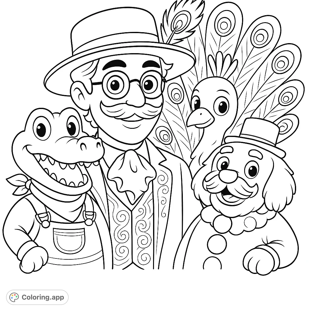 A delightful whimsical characters coloring page featuring a dapper man, a cheerful crocodile, a friendly peacock, and a jovial dog. Free printable fun!