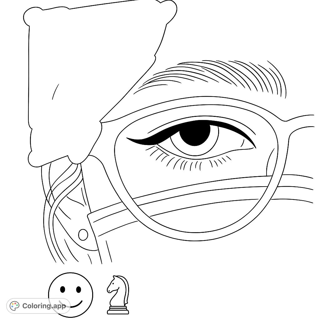 A unique coloring page featuring a close-up of an eye with glasses and a mask, plus a smiley face and chess knight. Free printable coloring page for all ages.